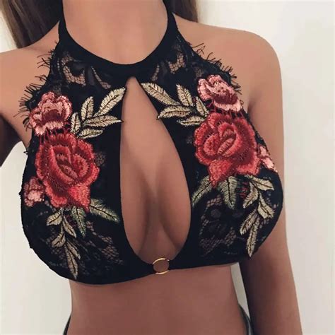 Women Floral Sheer Sexy Lace Corset Triangle Unpadded Bras Crop Top Halter Flower Corsets