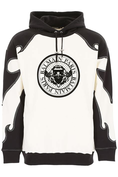 Balmain Two Tone Hooded Cotton Jersey Sweatshirt In Black And White