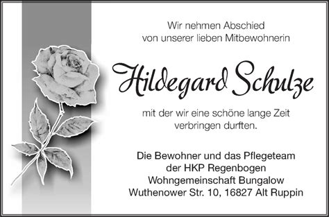 Traueranzeigen von Hildegard Schulze Märkische Onlinezeitung Trauerportal