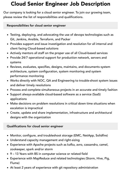 Cloud Senior Engineer Job Description Velvet Jobs