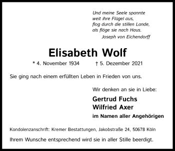 Traueranzeigen Von Elisabeth Wolf WirTrauern