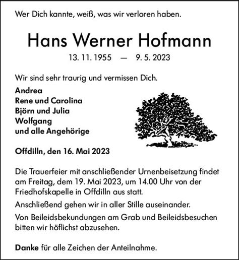 Traueranzeigen Von Hans Werner Hofmann Vrm Trauer De