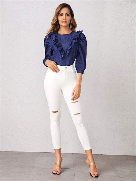 Shein Ruffle Trim Puff Sleeve Denim Top Denim Top Womens Casual