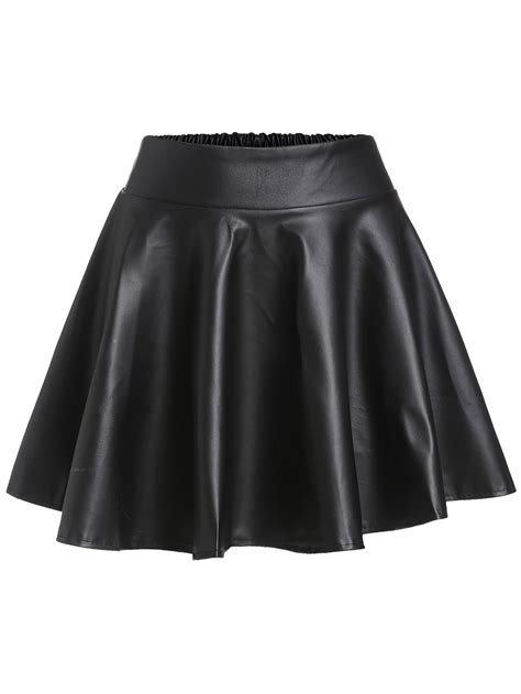 Black Faux Leather Elastic Waist Flare Skirt Romwe