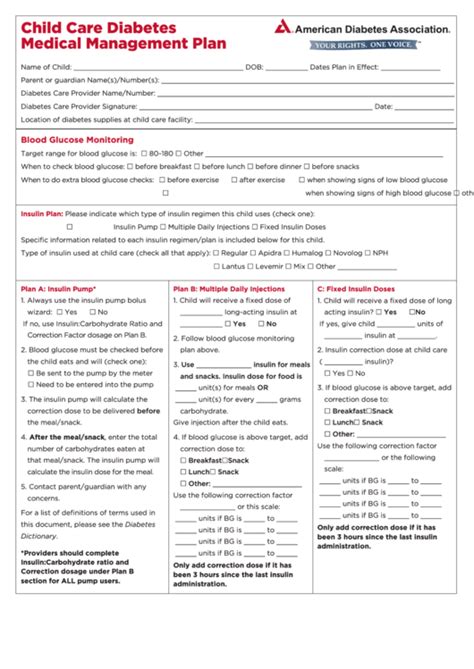 Child Care Diabetes Medical Management Plan Printable Pdf Download