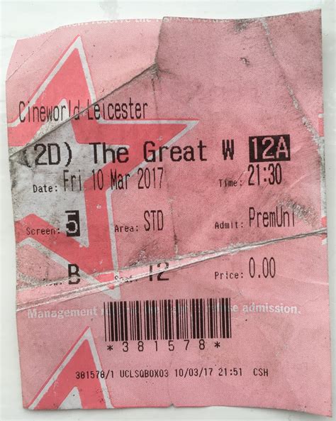 Abandoned Tickets: 10/03/17: The Great Wall, Cineworld Leicester Square, £0