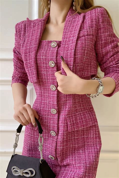 Dabuwawa Piece Sets Tweed Short Coat Sundress Dress Vintage Women