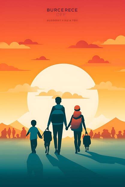 Cartel del Día Mundial del Refugiado con familias caminando por una