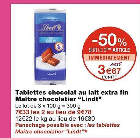 Promo Tablettes Chocolat Au Lait Extra Fin Ma Tre Chocolatier Lindt