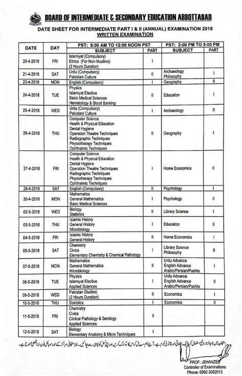 Bise Abbottabad Hssc Annual Exam Date Sheet 2024 Board Intermediate And Secondary Education