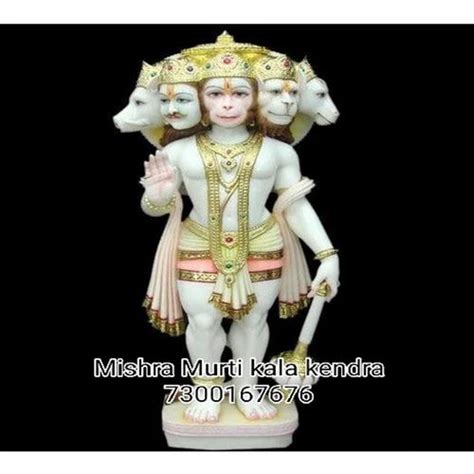 Painted Hindu White Marble Panchmukhi Hanuman Statue For Temple Usege