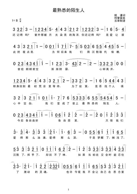 最熟悉的陌生人 最熟悉的陌生人简谱 最熟悉的陌生人吉他谱 钢琴谱 查字典简谱网