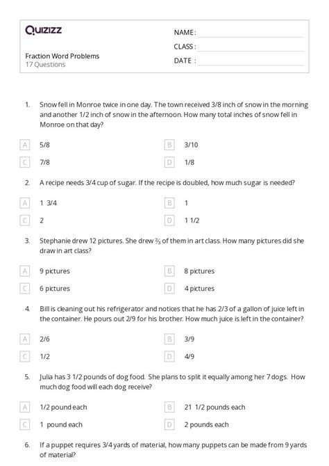 50 Fraction Word Problems Worksheets For 5th Grade On Quizizz Free And Printable