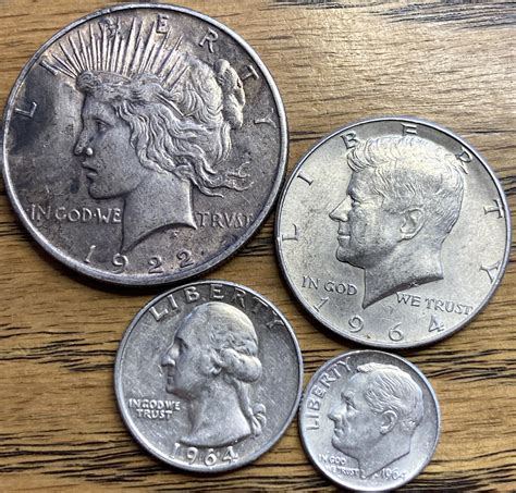 AU Silver Type Set Peace Dollar Kennedy Half Washington Quarter And