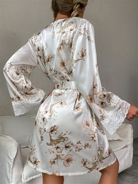 Floral Print Contrast Lace Belted Satin Sleep Robe Shein Uk