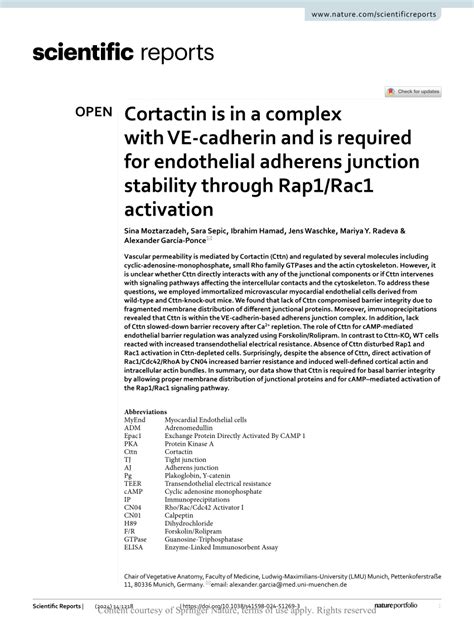 Pdf Cortactin Is In A Complex With Ve Cadherin And Is Required For