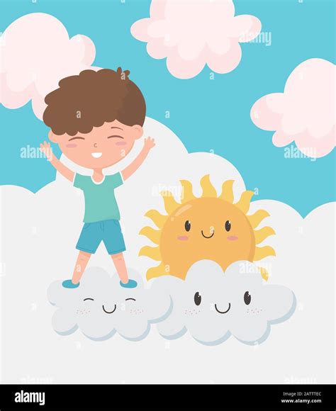 Happy Childrens Day Little Boy Playing Clouds Sun Cartoon Character