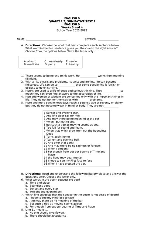 Q2 Wk 3 4 Gd 9 Summative Test English 9 Quarter 2 Summative Test 2 English 9 Weeks 3 And 4