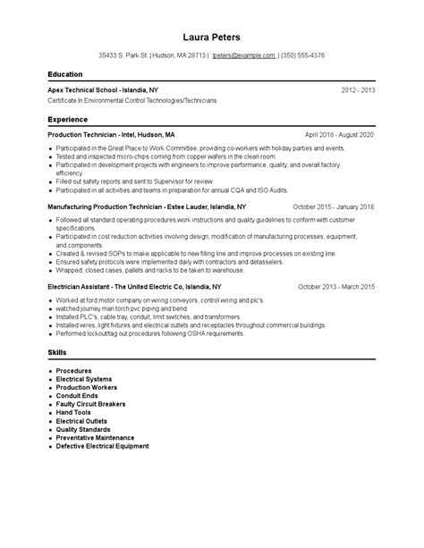 Production Technician Resume Examples and Tips - Zippia