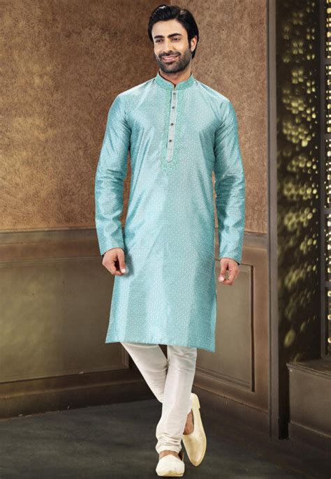 Buy Woven Art Silk Jacquard Kurta Set In Sky Blue Online Mly