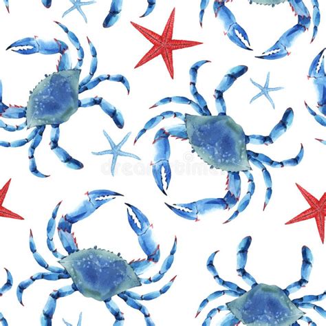 Beautiful Vector Seamless Underwater Pattern With Watercolor Blue Crabs