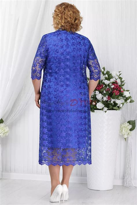 Royal Blue Plus Size Mother Of The Bride Dress With Jacket Mid Calf Lace Women S Outfit Nmo 590