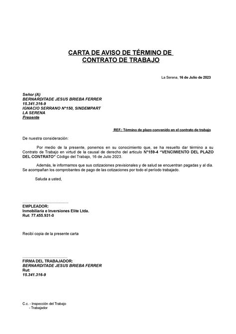 Modelo Carta Aviso Termino De Contrato Arriendo Modelo De Informe Images