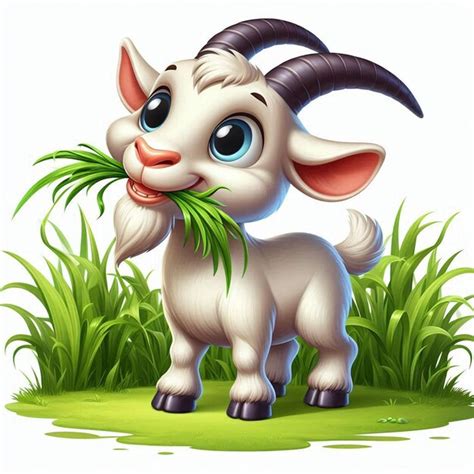 A Cartoon Goat With Horns And Horns Eating Grass Premium Ai Generated