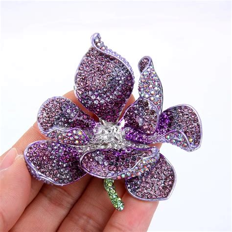 Bella Fashion Purple Orchid Flower Brooch Pin Austrian Crystal