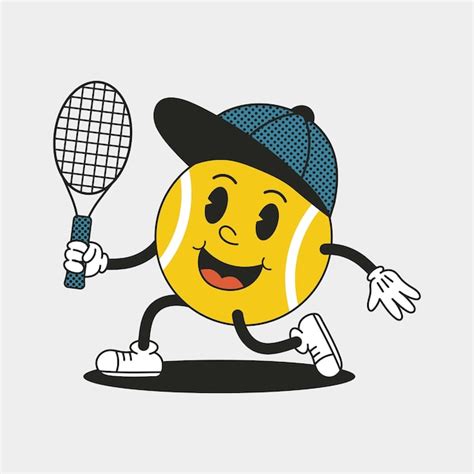 Mascota De Pelota De Tenis Retro Con Raqueta Personaje De Dibujos