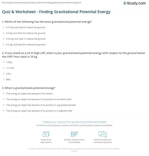 Quiz And Worksheet Finding Gravitational Potential Energy