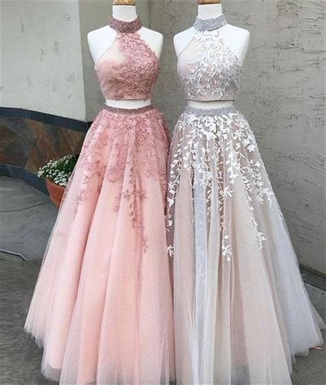 A Line Halter Two Piece Blush Pink Tulle Applique Prom Dress