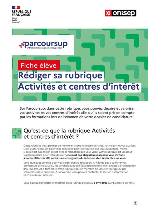 Calaméo Fiche Parcoursup élèves 2023 Activites Et Centres d Interets