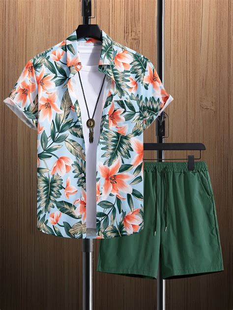 Manfinity Rsrt Men Tropical Print Shirt Drawstring Waist Shorts