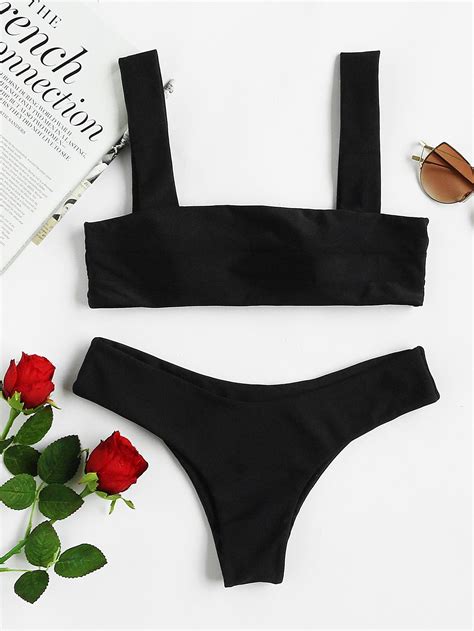 Black Thick Strap Rectangular Push Up Bikini Set Bikinis Swimwear