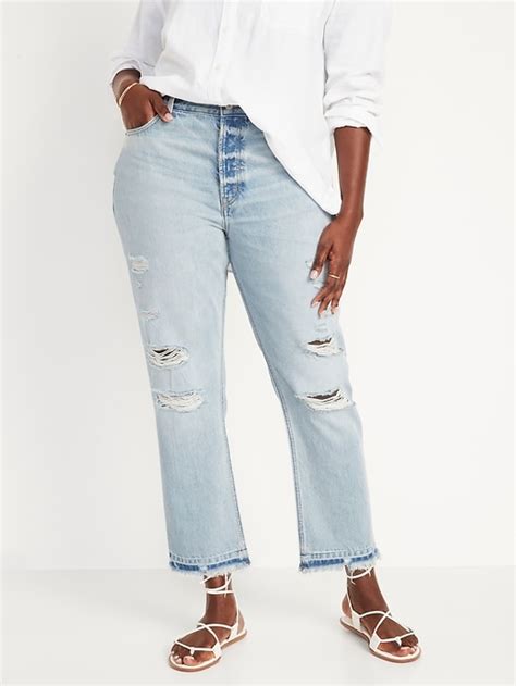 High Waisted Slouchy Straight Distressed Cut Off Non Stretch Jeans For