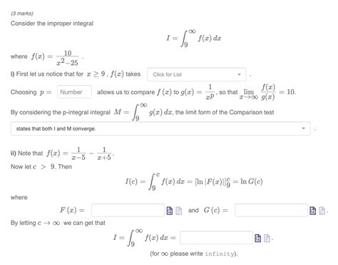 Solved 3 Marks Consider The Improper Integral I∫9∞fxdx