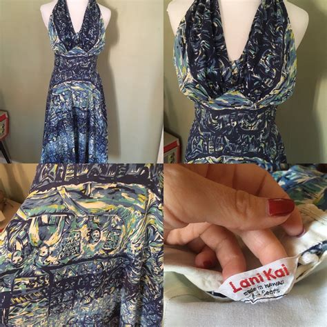 1950s Lovely Lani Kai Blue Hawaiian Cotton Halter Dress With Hidden