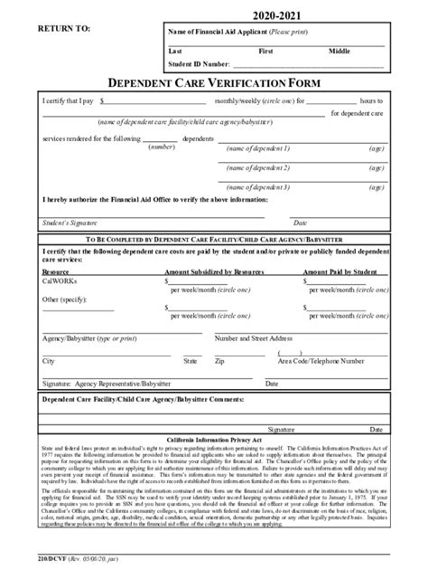 Fillable Online Dependent Care Verification Form Fax Email Print