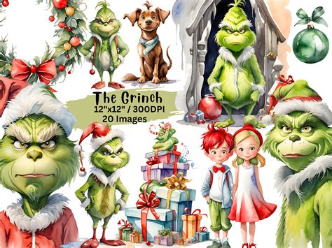 The Grinch Watercolor Clipart Full Watercolor Clipart Set Hand Drawn Christmas Png High