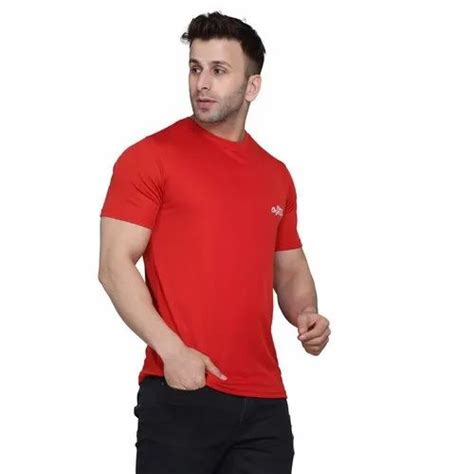 Plain Polyester Dot Net Fabric Solid Men Round Neck Red T Shirt Medium