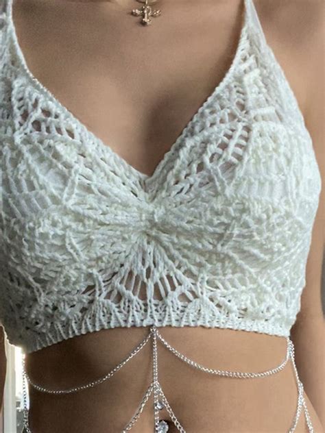 Emmiol Free Shipping 2024 Chain Design Crochet Knit Halter Crop Cami