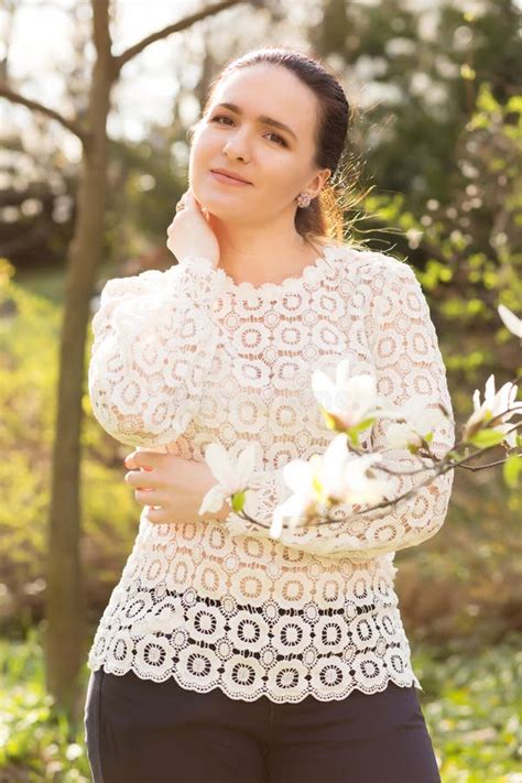 Awesome Brunette Woman With Nude Makeup Wearing Lace Blouse Po Stock Photo Image Of Girl