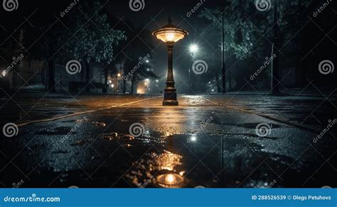 A Street Light Sitting On The Side Of A Wet Road At Night With Street