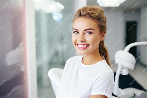 Premium Photo Young Smiling Woman Sitting On Chair At Dentist Office