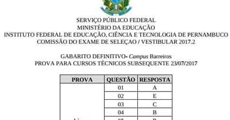 Ensino Profissionalizante Ifpe Vestibular Gabaritos