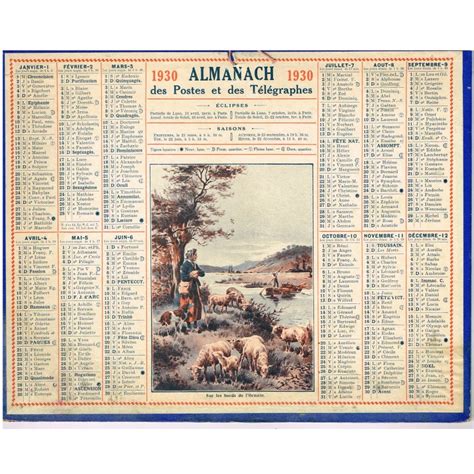 CALENDRIER ALMANACH DES POSTES 1930 SUR LES BORDS DE L ORNAIN