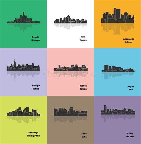 Set Of 9 City Silhouette Detroit Reno Chicago Wichita Pittsburgh