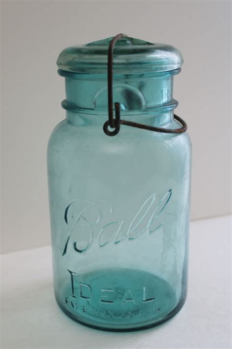 Ball Mason Jar W 1908 Patent Date Antique Aqua Blue Glass Canning Jar W Lightning Lid