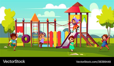 Kids playing on park playground cartoon Royalty Free Vector